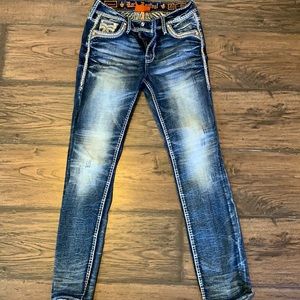 Rock revival jeans , size 27 , crimson , mid-rise straight .